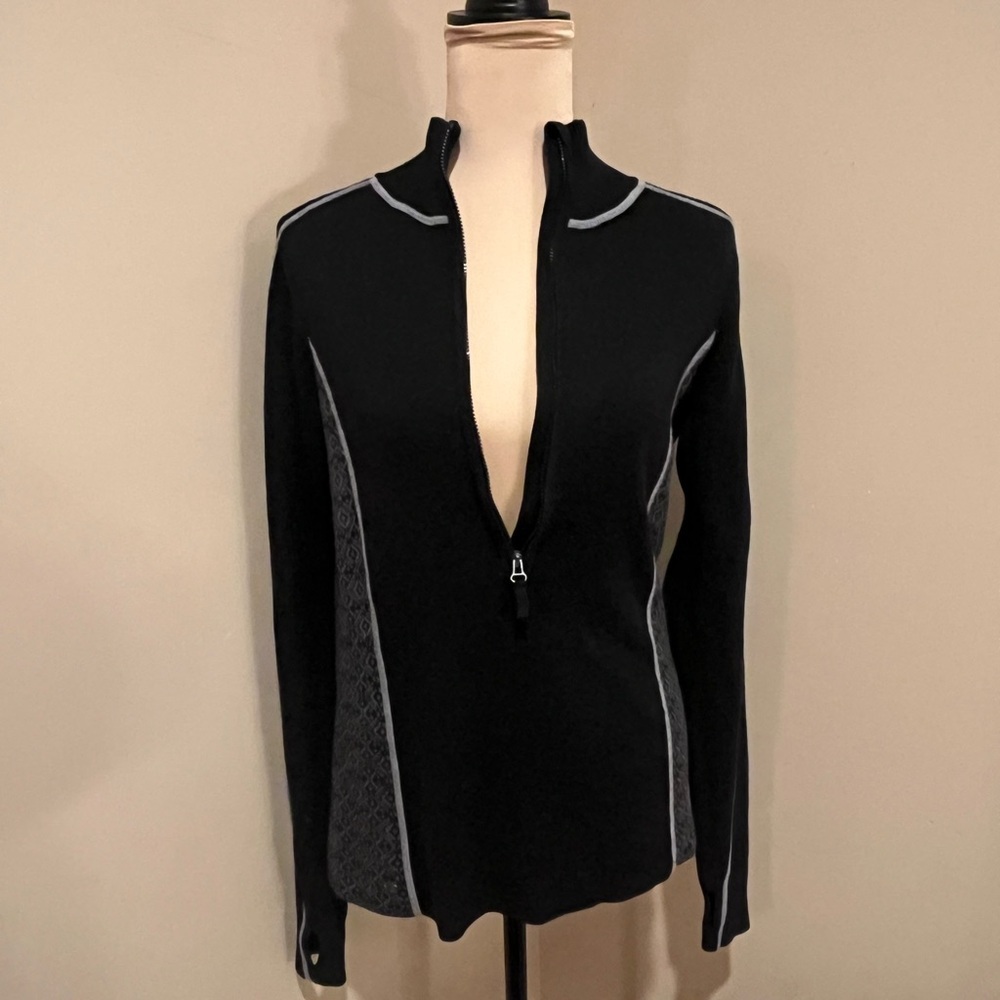 Athleta Black 1/2 Zip Cotton Blend Black & Grey Sweater, mock collar, Med
